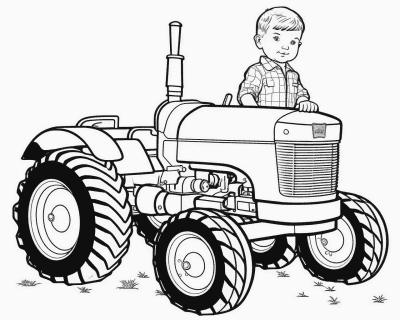 Színező egy kockás inges kisfiúval, aki egy régi traktor motorháztetőjére támaszkodik